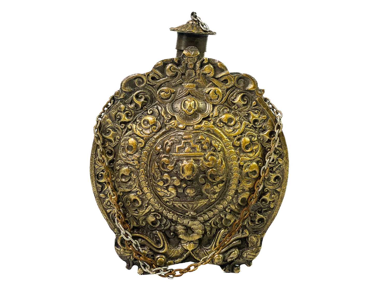 A cast brass Russian powder flask and cover.