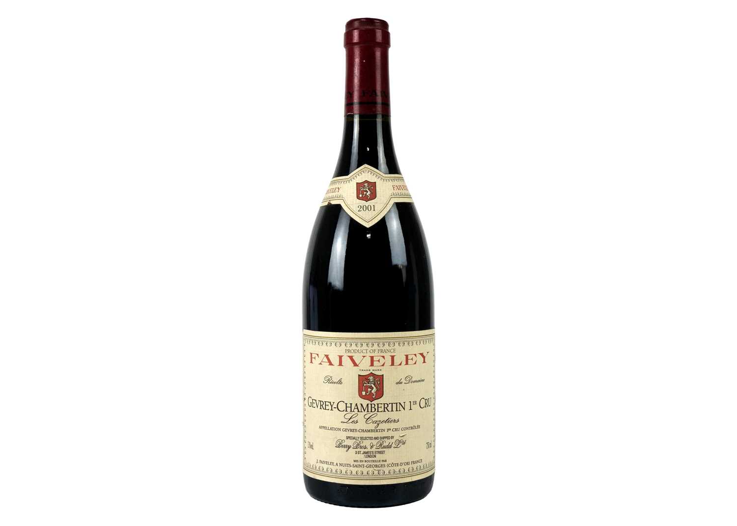 A bottle of Faiveley Gevrey-Chambertin 1er Cru.