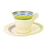 A Clarice Cliff Banded pattern daffodil shape cup and saucer.