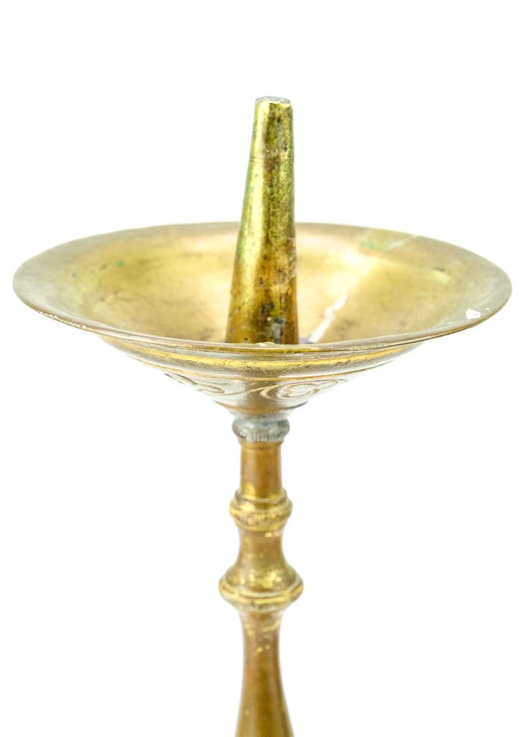 A pair of brass pricket type ecclesiastical candlesticks. - Image 4 of 5