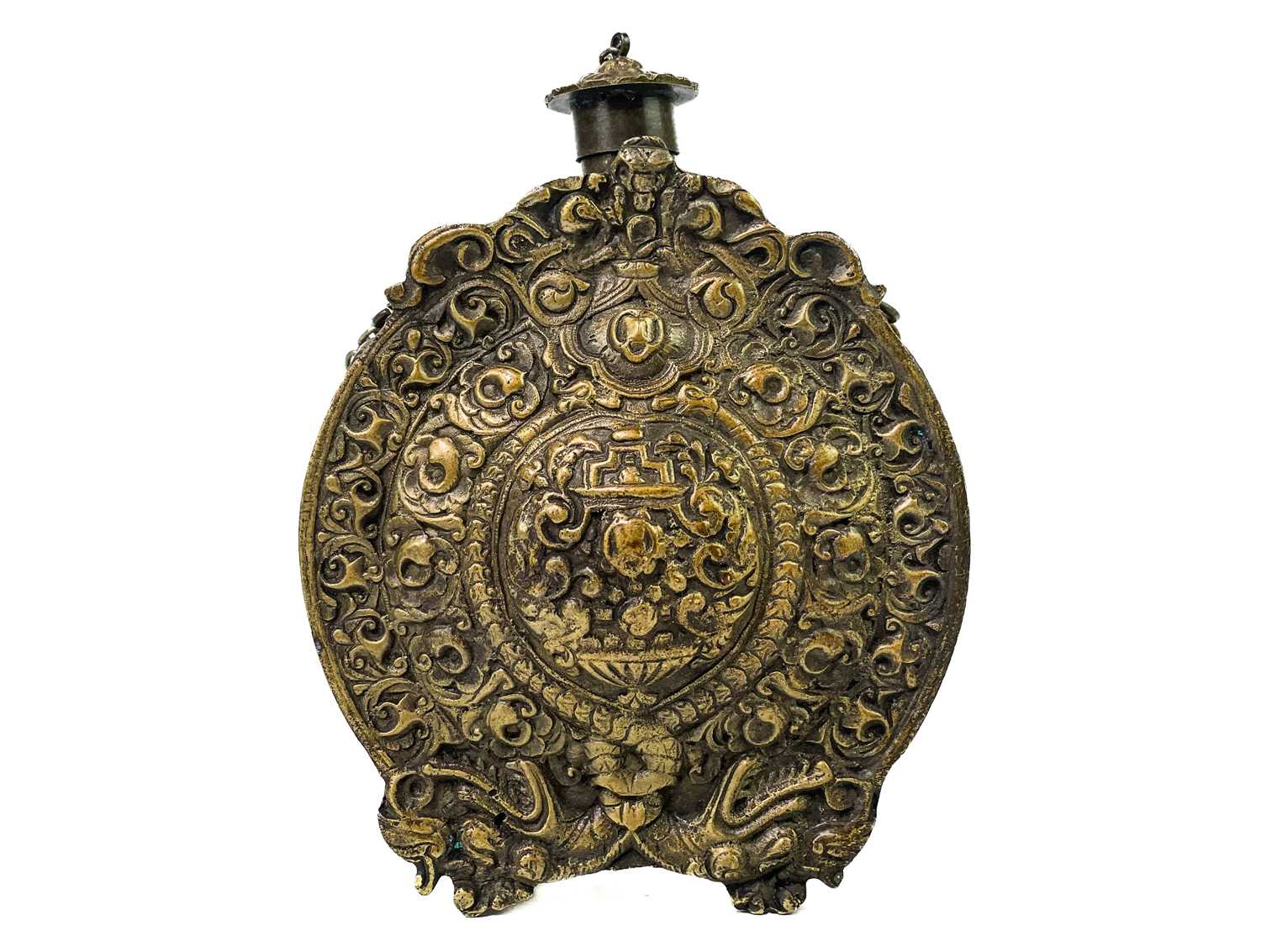 A cast brass Russian powder flask and cover. - Image 4 of 4