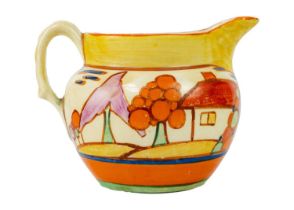 A Clarice Cliff Seven Colour Trees & House pattern Perth jug.
