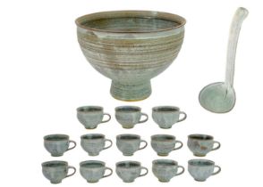 Louis Hanssen (1934-1968) A studio pottery punch bowl, with ladle, and thirteen cups.