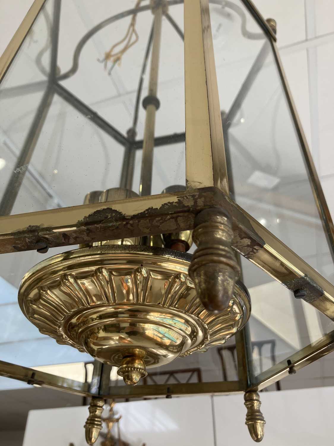 A glazed brass hexagonal hall lantern. - Image 5 of 6