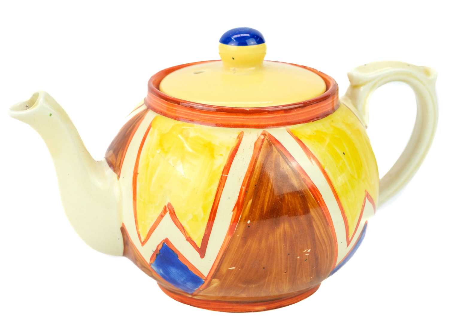 A Clarice Cliff Original Bizarre pattern tea pot and associated cover. - Image 2 of 9