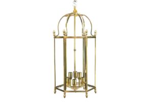 A glazed brass hexagonal hall lantern.