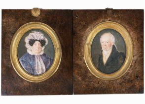 A pair of 19th century oval portrait miniatures of Mr and Mrs Samuel Hawkins.