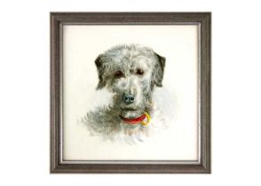 A Minton square tile painted with a portrait of a Dandy Dinmont terrier