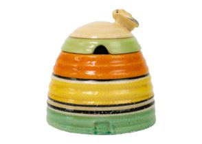 A Clarice Cliff banded beehive honey pot and cover.