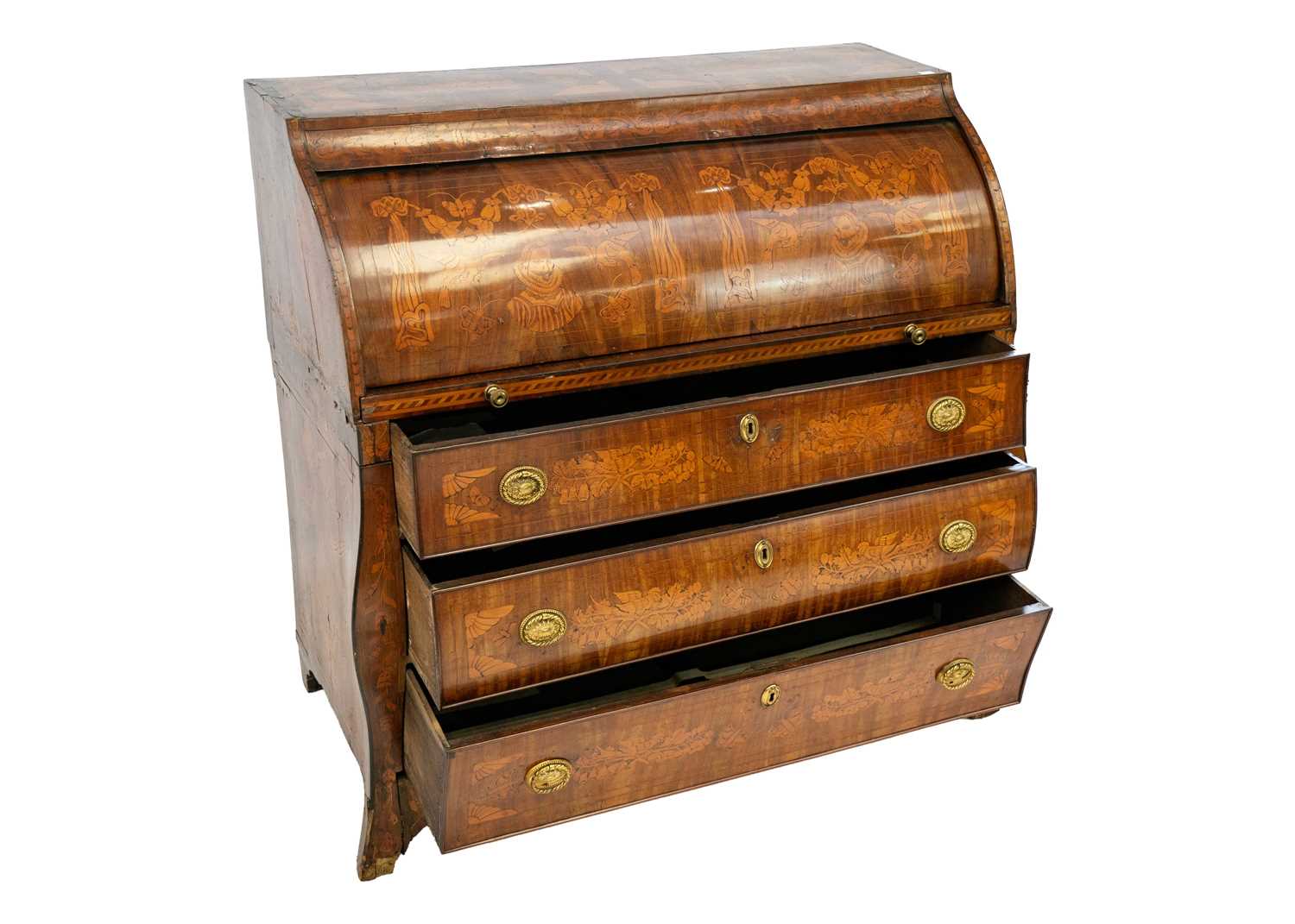 A late 19th century Dutch mahogany and fruitwood marquetry bombe cylinder bureau. - Image 4 of 4