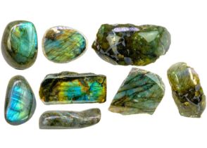 Seven Labradorite mineral specimens.