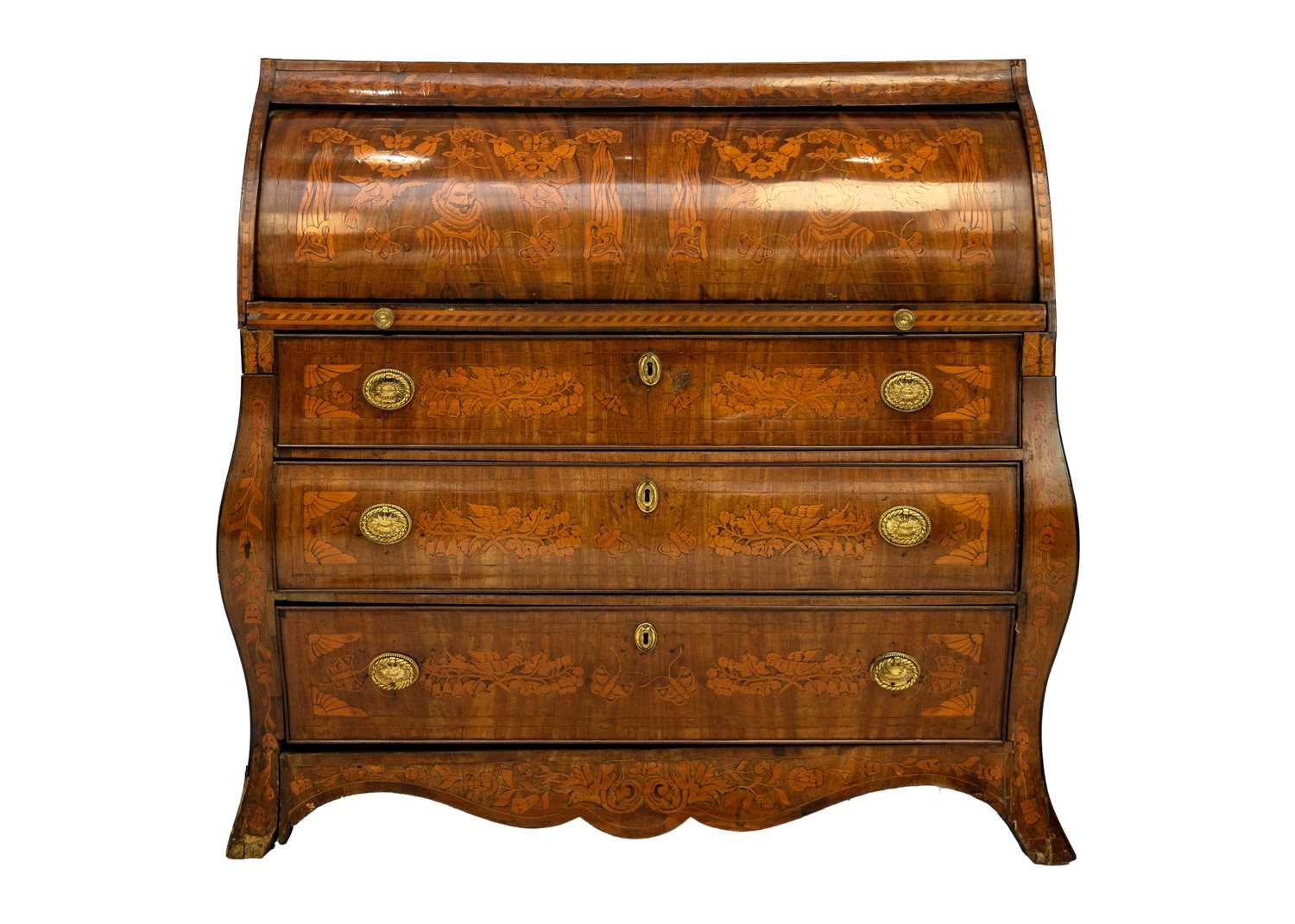 A late 19th century Dutch mahogany and fruitwood marquetry bombe cylinder bureau.