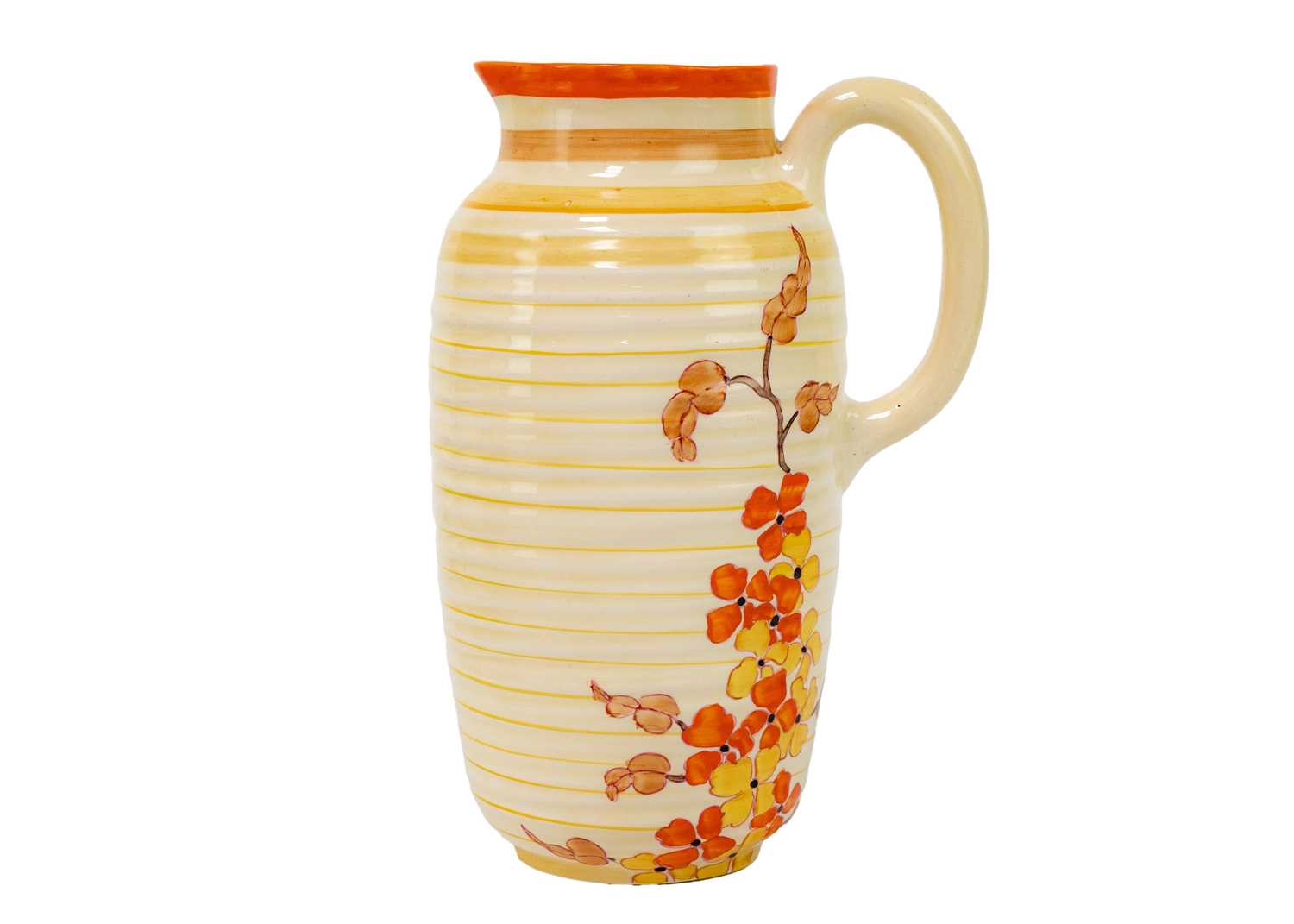 A Clarice Cliff Orange Hydrangea pattern 563 Greek shape jug. - Image 2 of 7