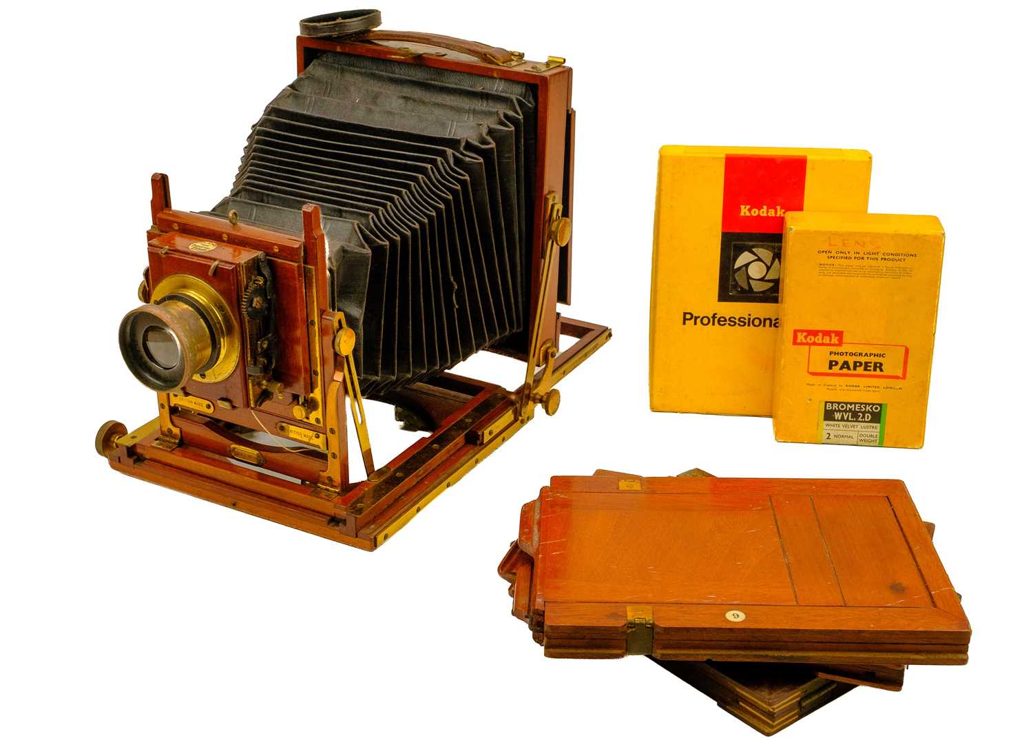 A Thornton Pickard Triple Victo mahogany folding plate camera.