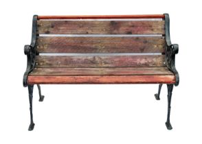 A cast metal and slatted wood two seat garden bench.