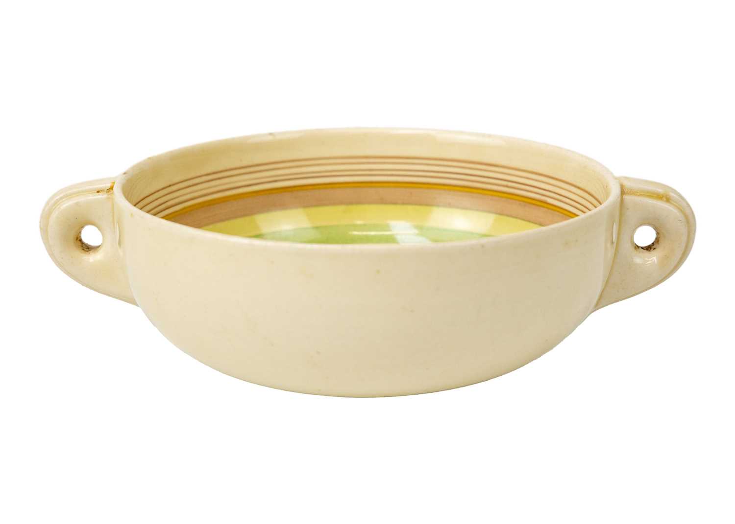 A Clarice Cliff Biarritz banded design twin handled soup bowl and stand. - Image 2 of 7