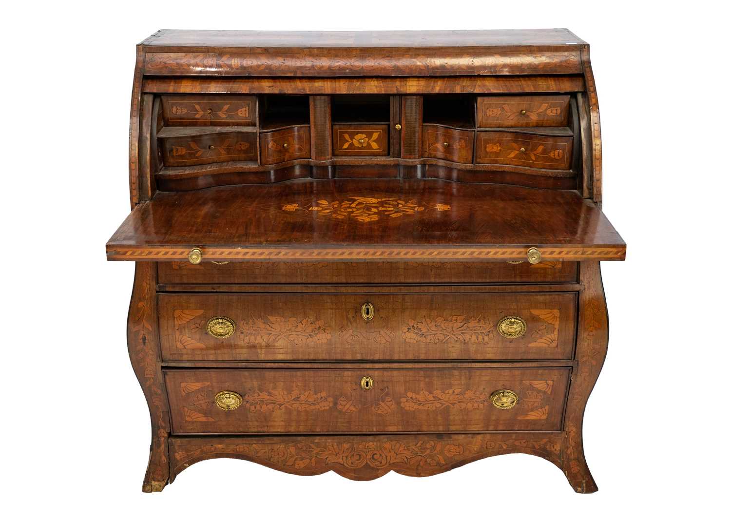 A late 19th century Dutch mahogany and fruitwood marquetry bombe cylinder bureau. - Image 2 of 4