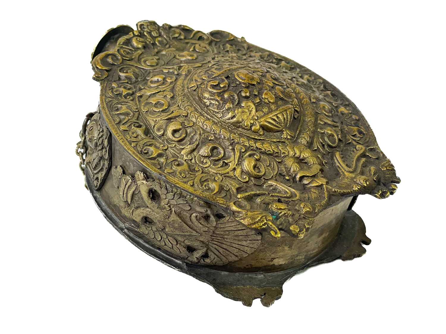 A cast brass Russian powder flask and cover. - Image 3 of 4