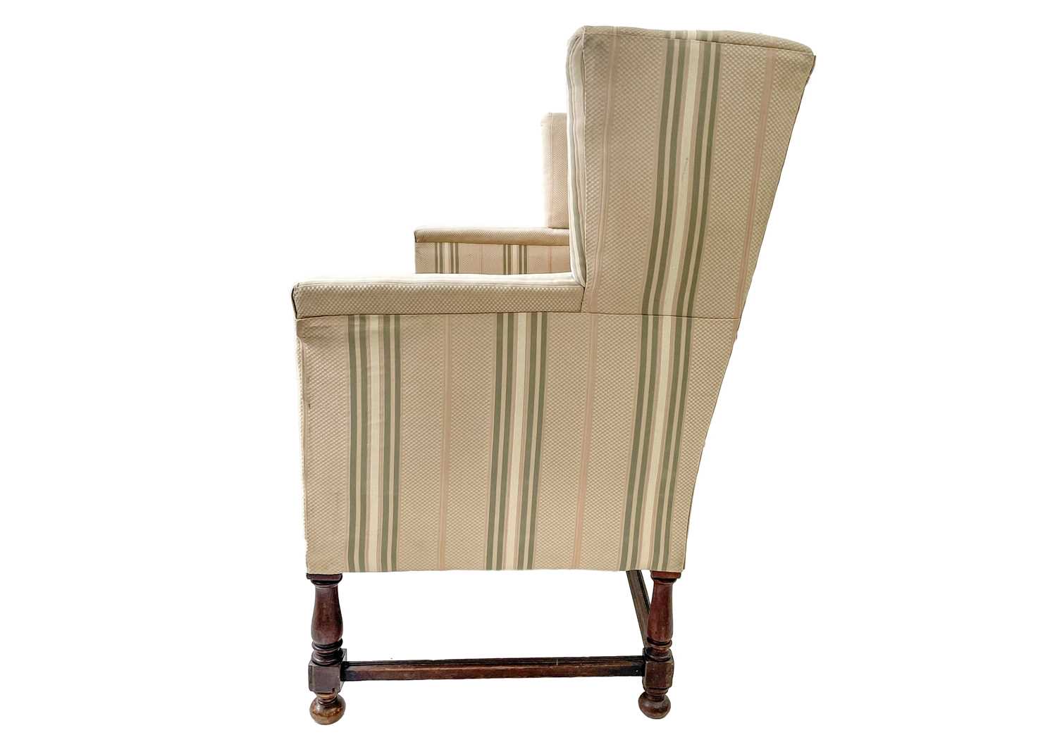 A late Victorian mahogany frame winged back upholstered settee. - Image 3 of 3