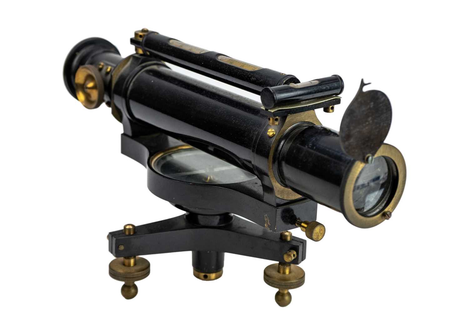 A surveyor's black lacquered brass theodolite.