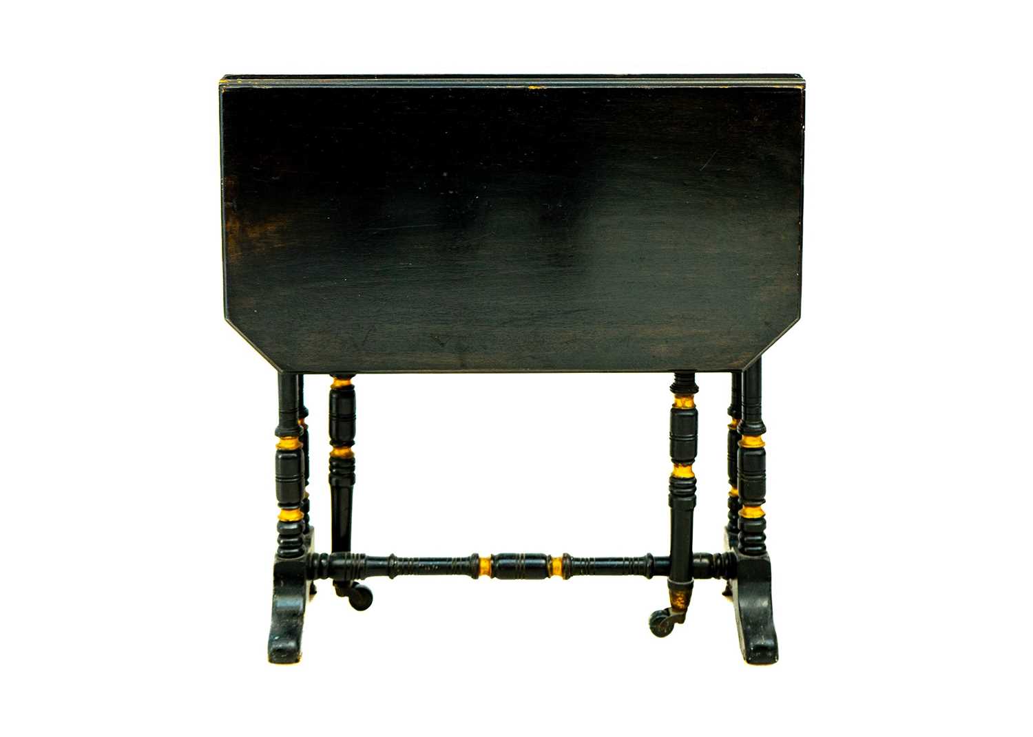 A diminutive ebonised and gilt Victorian Sutherland table. - Image 5 of 6