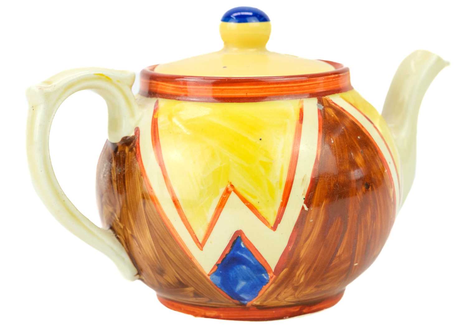 A Clarice Cliff Original Bizarre pattern tea pot and associated cover. - Image 3 of 9