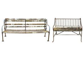 A cast metal and slatted wood garden bench, and a wrought metal and slatted wood bench.