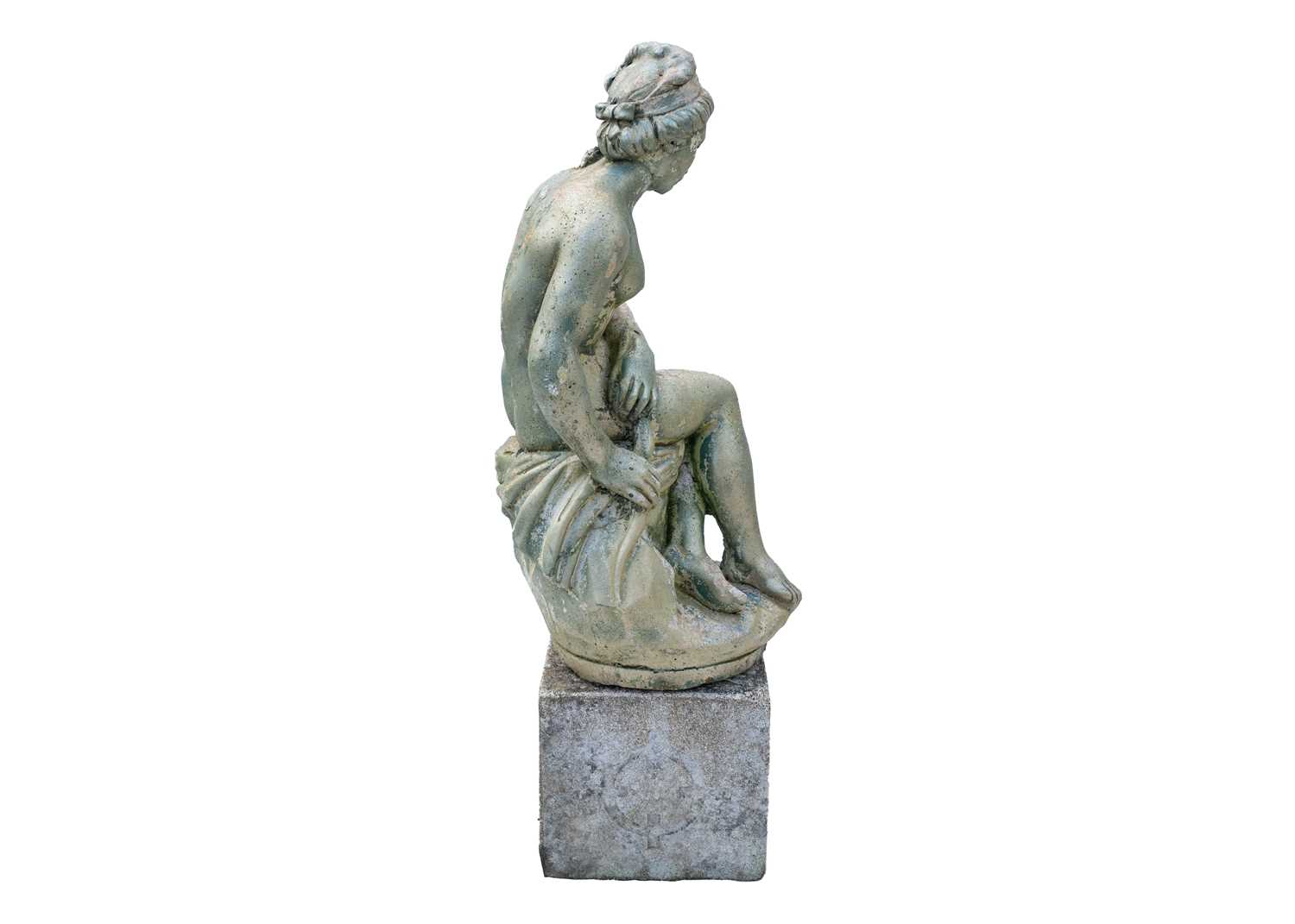 A green painted garden statue of a seated female nude. - Image 3 of 3