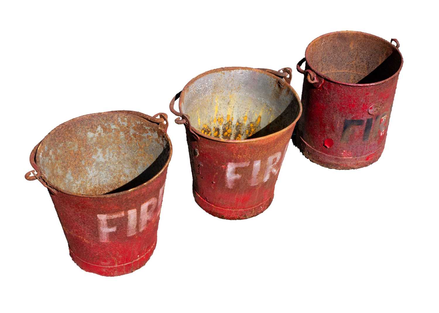 Three red painted metal 'FIRE' buckets. - Bild 2 aus 2