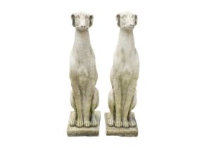 A pair of small reconstituted stone seated whippet garden ornaments.