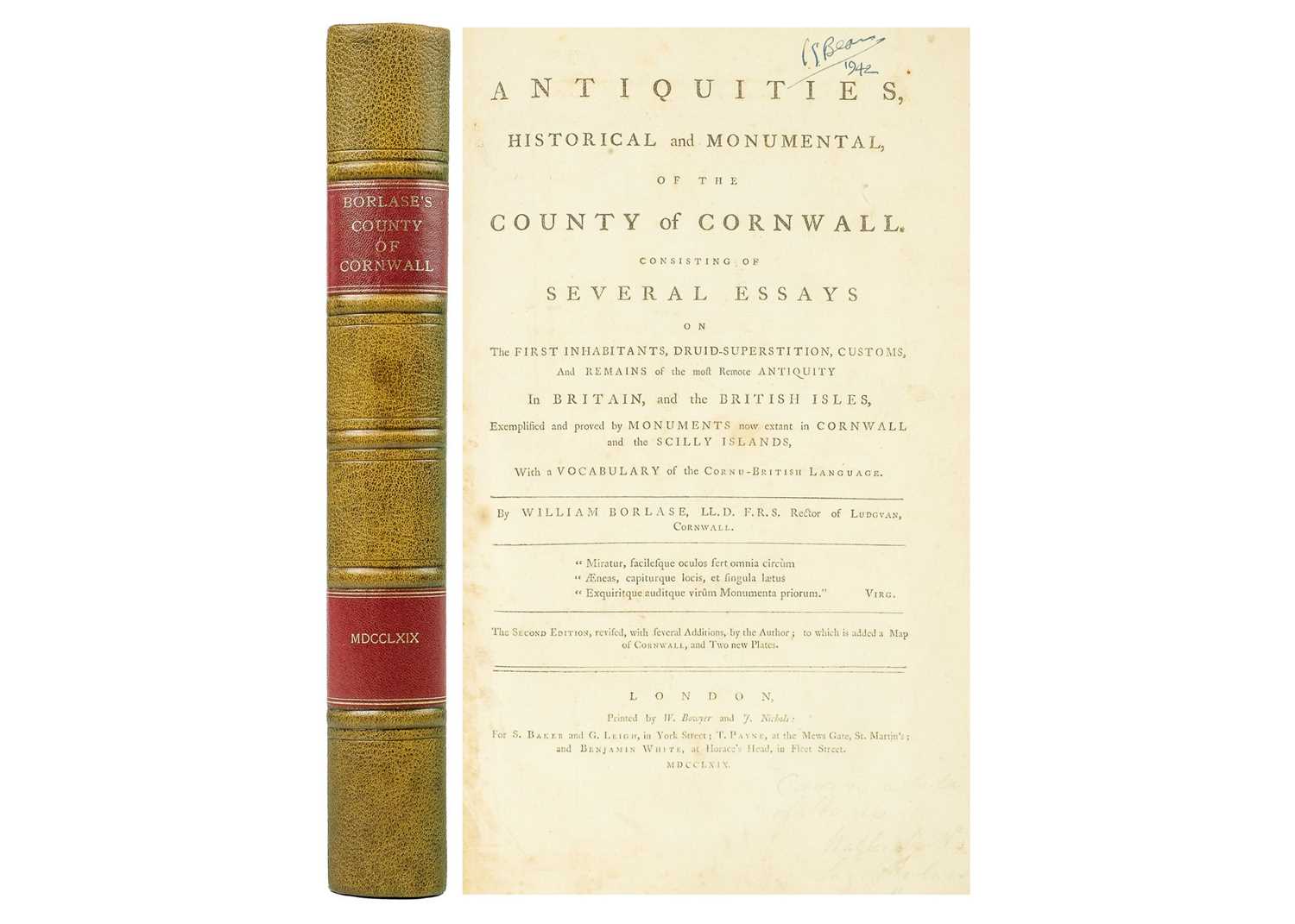 BORLASE, William. 'Antiquities, Historical and Monumental, of the County of Cornwall,'