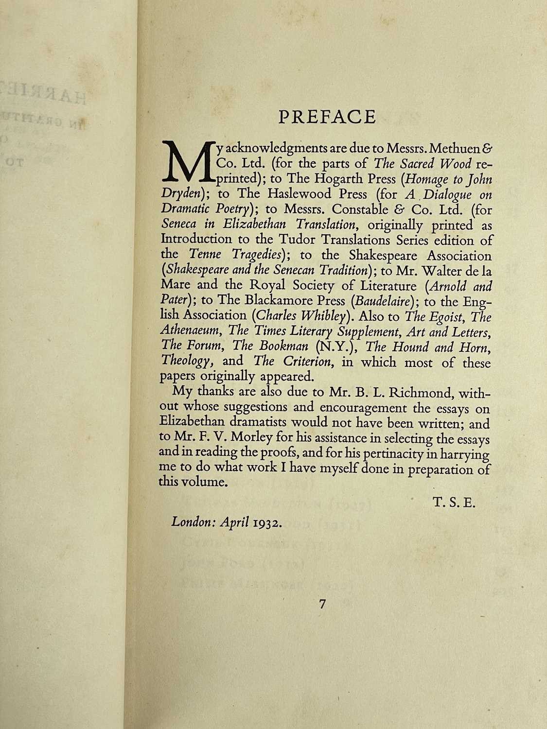 T. S. Eliot. 'Selected Essays 1917-1932,' first edition, lacks dj, original cloth, ink owner - Bild 5 aus 10