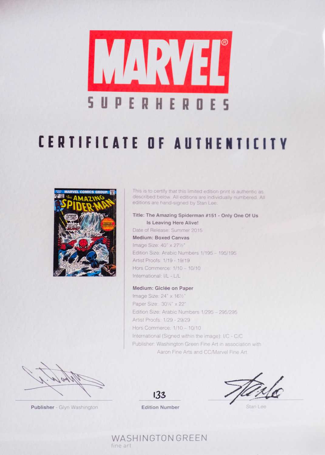 (Signed) Stan LEE (1922-2018) The Amazing Spiderman #151 - Only One Of Us Is Leaving Here Alive! - Image 2 of 3