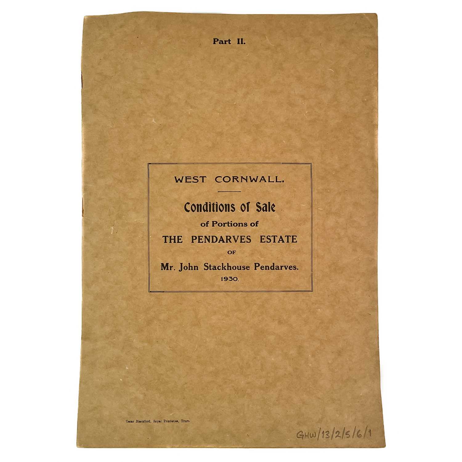 Auction Sale 'Portions of Pendarves Estate of Mr. John Stackhouse Pendarves. 1930,'