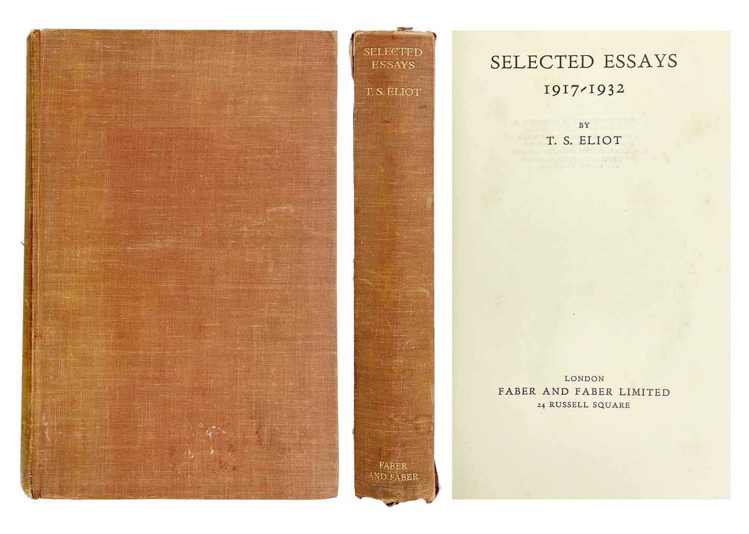 T. S. Eliot. 'Selected Essays 1917-1932,' first edition, lacks dj, original cloth, ink owner