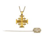 A 10ct white gold diamond set stick pin and a 14ct Jerusalem Cross pendant on 9ct chain.