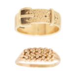 An early 20th-century 9ct rose gold keeper ring and a 9ct buckle ring.