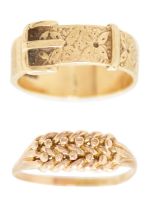 An early 20th-century 9ct rose gold keeper ring and a 9ct buckle ring.