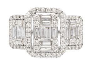 An impressive diamond set large triple cluster dress ring set in 9ct white gold.
