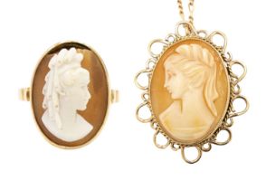 A 14ct shell cameo ring and a 9ct shell cameo brooch pendant on 9ct necklace.