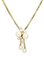 An attractive 9ct diamond and cultured pearl set pendant lariat style necklace.