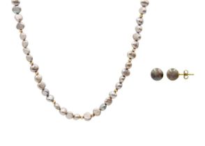 A grey cultured pearl necklace with 9ct clasp and bead spacers.