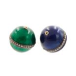 A pair of enamel and diamond set ovoid beads.