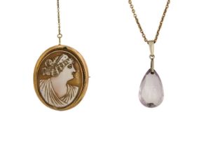 A 9ct mounted shell cameo brooch and an amethyst pendant on 9ct chain.