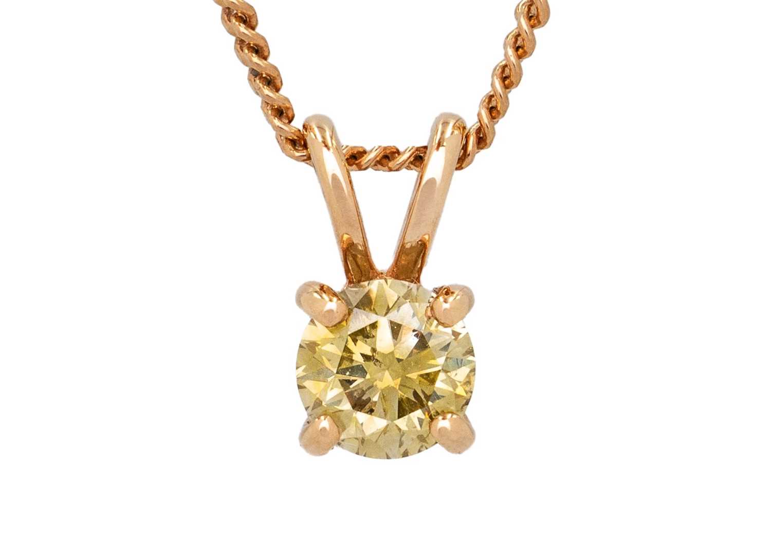 An 18ct rose gold certified 0.48ct fancy intense yellow natural diamond solitaire pendant.