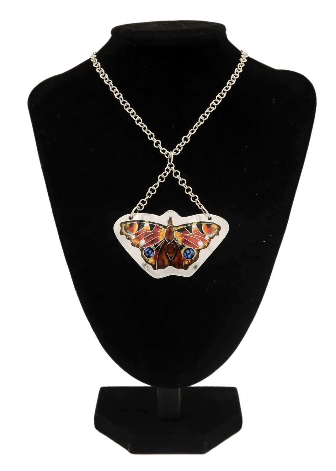 A .999 fine silver and enamel 'Peacock Butterfly' pendant necklace by Samantha Suddaby. - Image 3 of 5