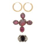 A Georgian rose gold garnet set four stone brooch, a pair of 9ct hoop earrings and a silver ring.