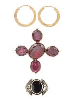 A Georgian rose gold garnet set four stone brooch, a pair of 9ct hoop earrings and a silver ring.