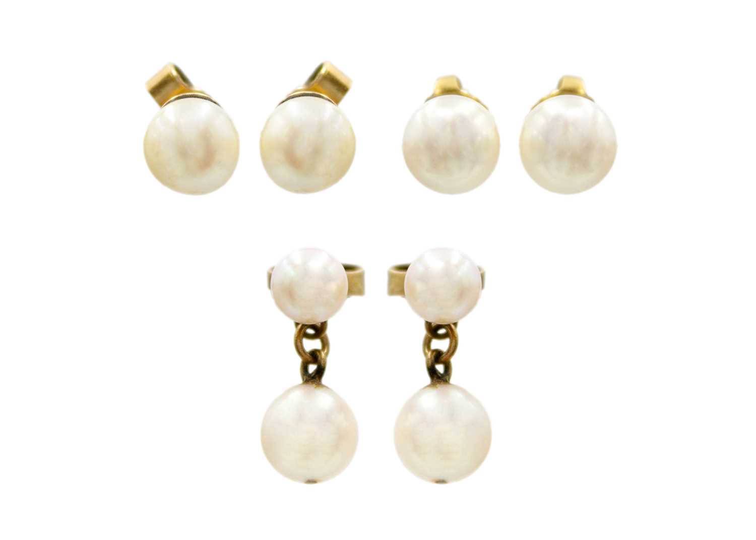 A pair of cultured white pearl stud earrings with 18ct mount by Tiffany & Co.