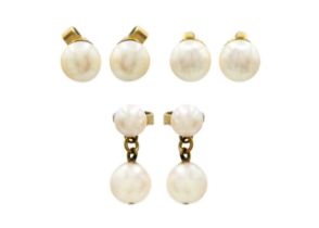 A pair of cultured white pearl stud earrings with 18ct mount by Tiffany & Co.